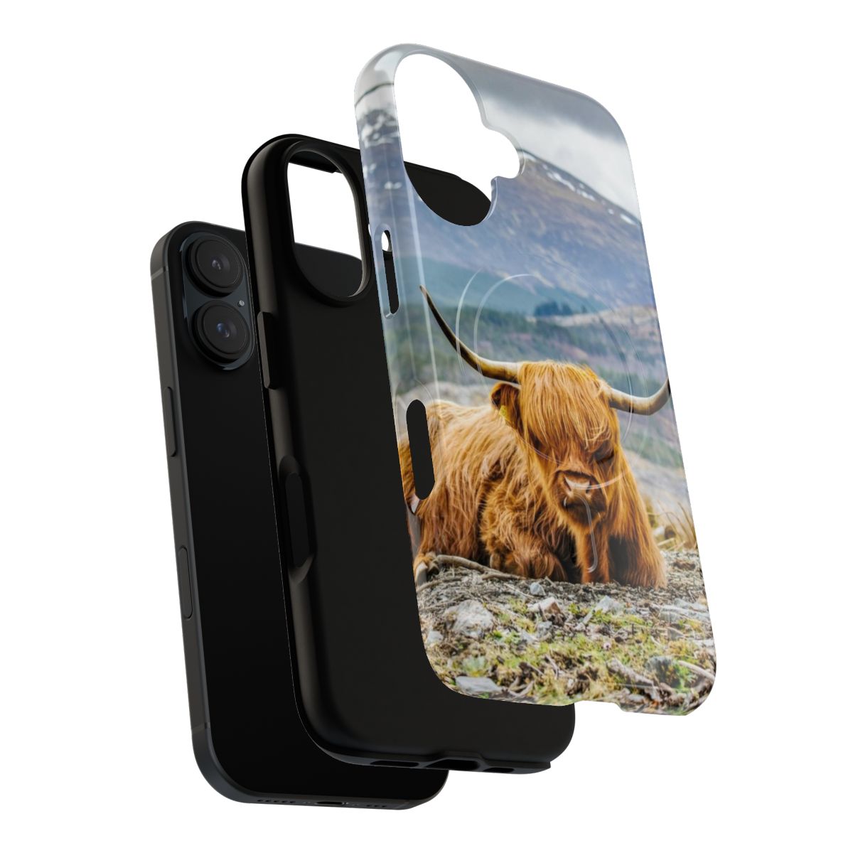 Magnetic tough phone case with a portrait of a fluffy, black and white highland cow in a natural, farm setting. - Layers