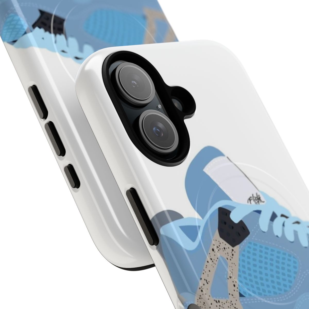 Custom phone case featuring an artistic rendition of the Jordan 4 University Blue sneaker - Detail