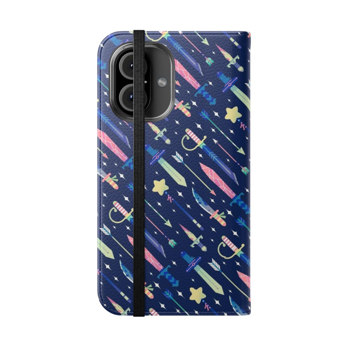 A pastel-colored phone case featuring a magical sword and arrows design - Folded Front