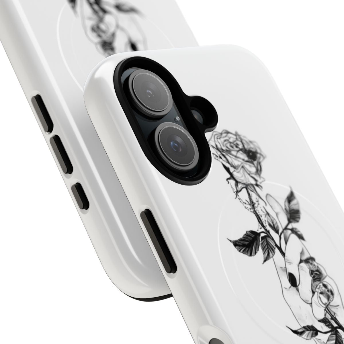 Edgy magnetic tough phone case with Corpse Husband-inspired black and white illustration featuring a rose, spider web, and skull elements. - Detail