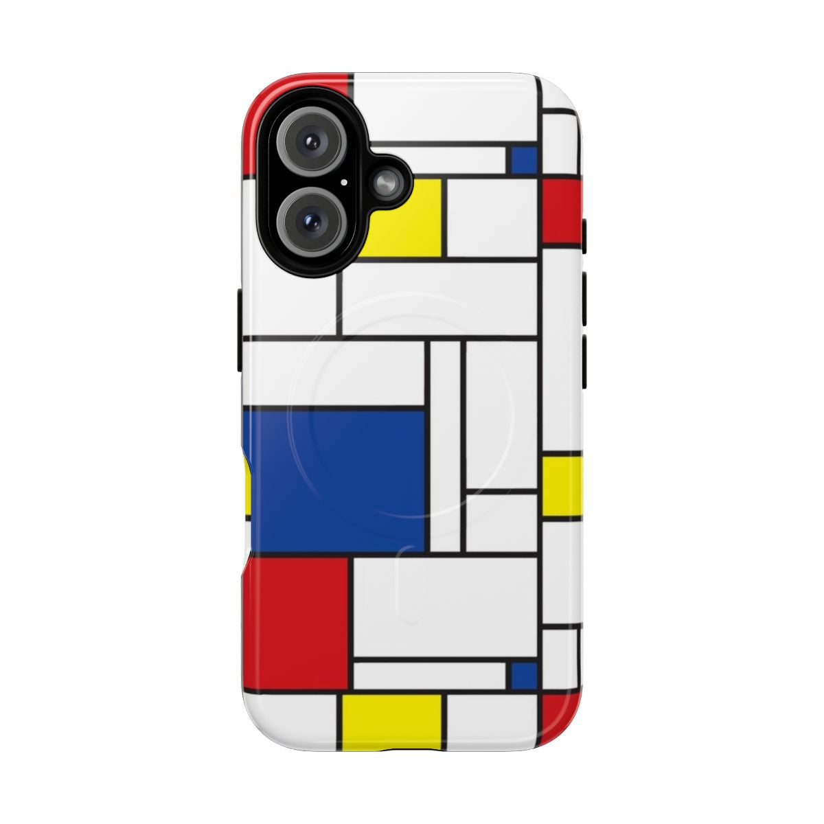 Vibrant and modern phone case with a Mondrian-inspired abstract, geometric design.