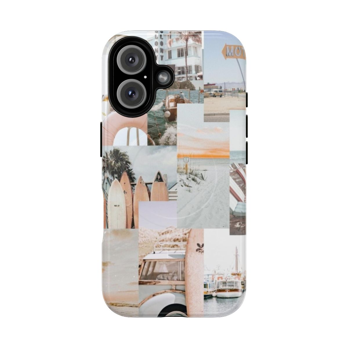 A colorful magnetic phone case with a beach collage design, perfect for girls and teens