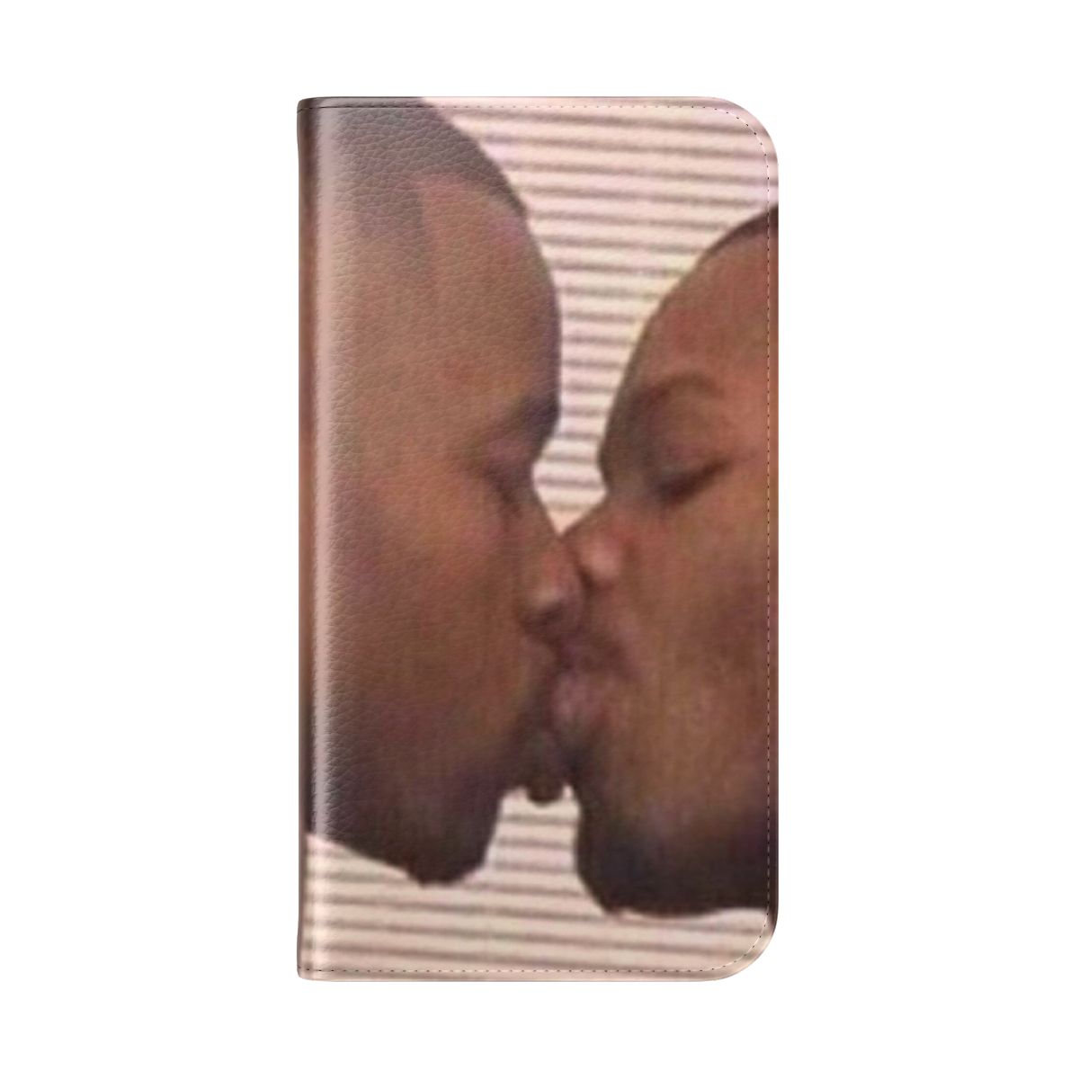 Flip phone case with artistic design of two men kissing - Folded Back