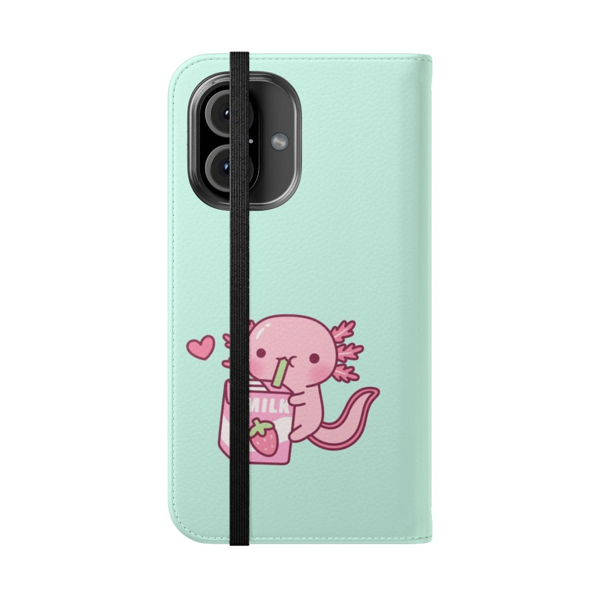 Cute doodle illustration of a pink axolotl holding a glass of strawberry milk on a pastel phone case - Folded Front