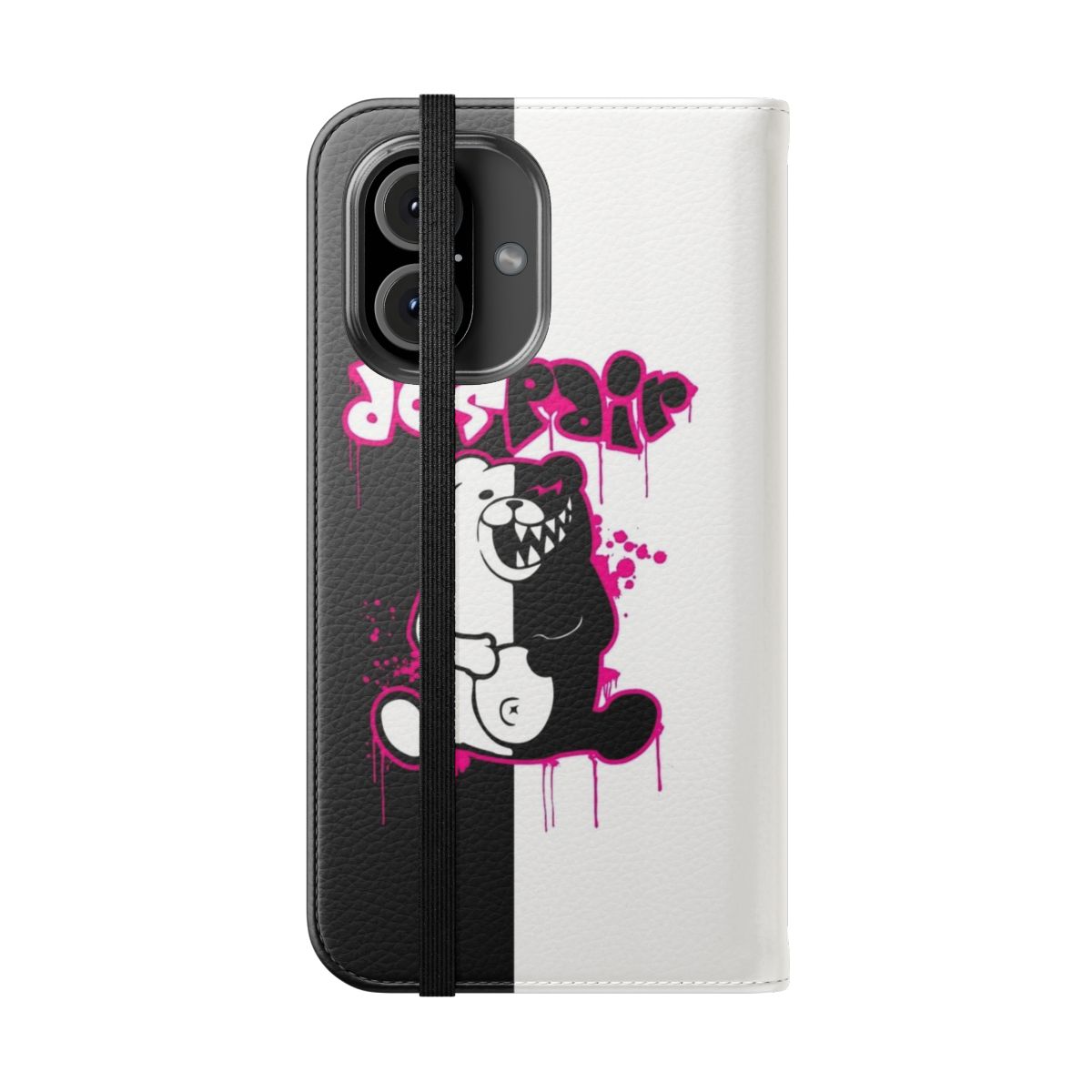 Monokuma inspired anime-style pink flip phone case - Folded Front