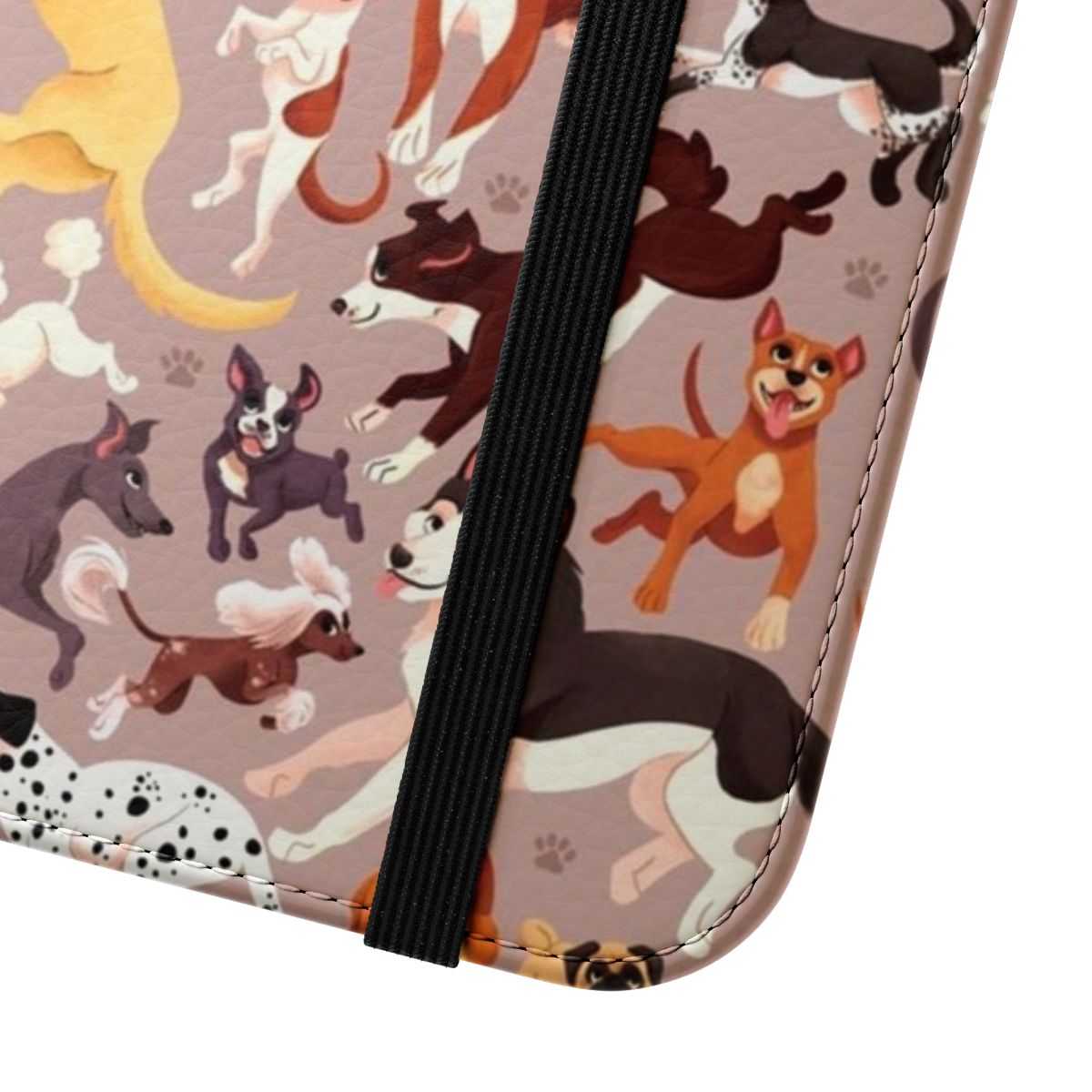 Colorful illustration of various dog breeds on a flip cover phone case - Close Up