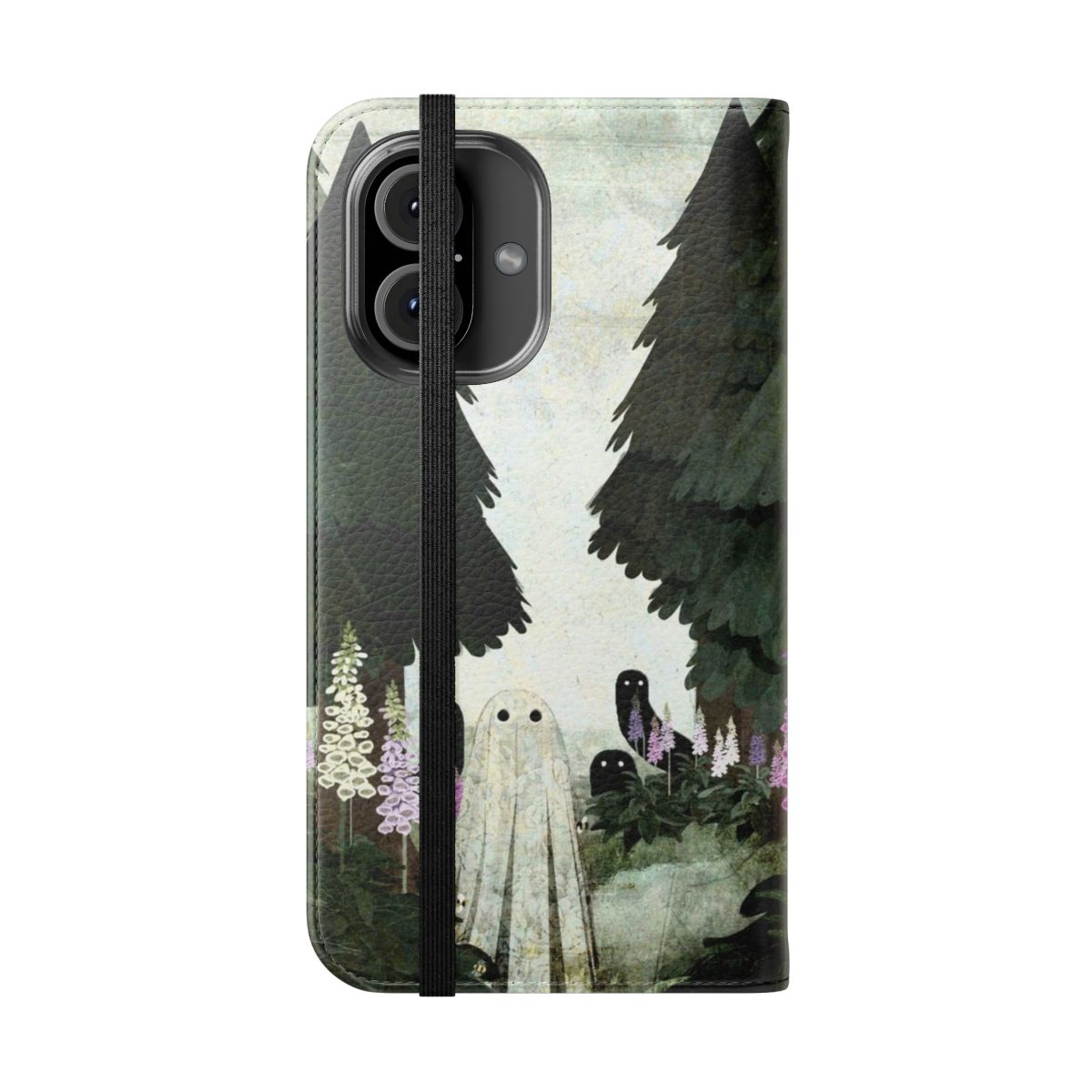 Flip cover phone case featuring a spooky, ghostly forest scene with foxgloves and bees - Folded Front