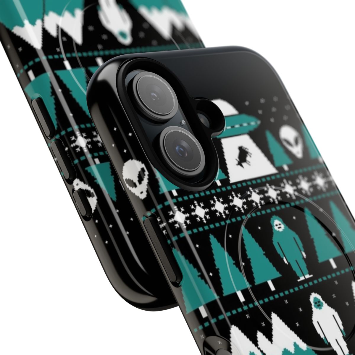 Paranormal inspired magnetic tough phone case with christmas sweater design featuring UFO, alien, bigfoot, yeti, and other cryptids - Detail