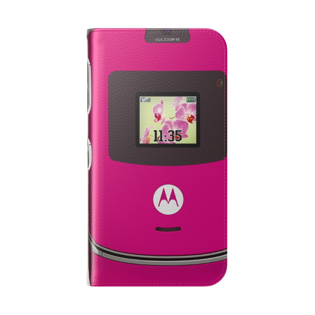 A pink flip cover phone case for the Motorola Razr smartphone, featuring a vintage and nostalgic design. - Folded Back