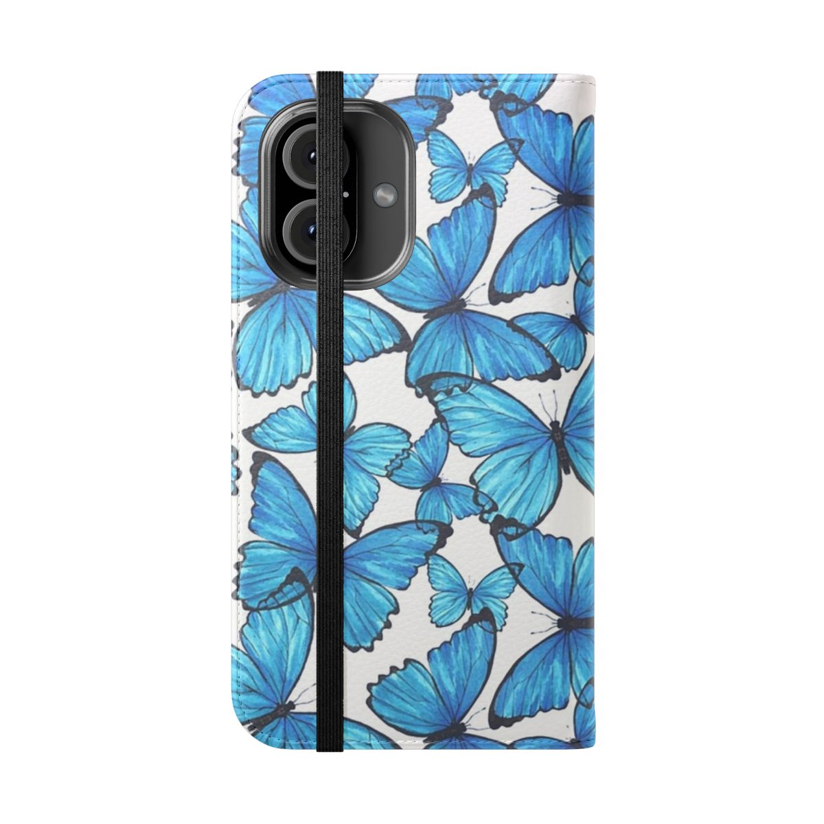 Blue butterfly pattern on a flip cover phone case - Folded Front