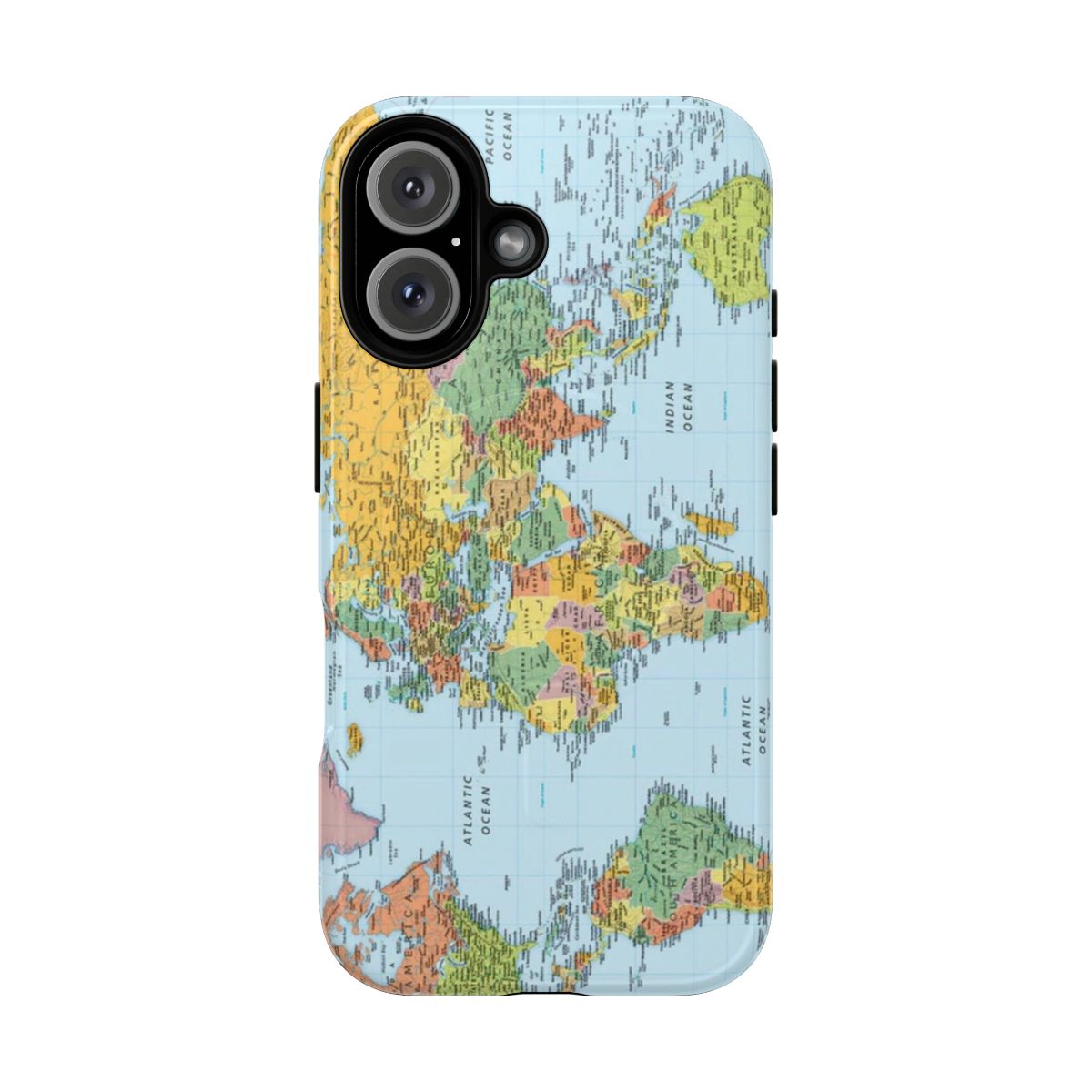 Closeup of a world map printed on a protective phone case with a magnetic closure