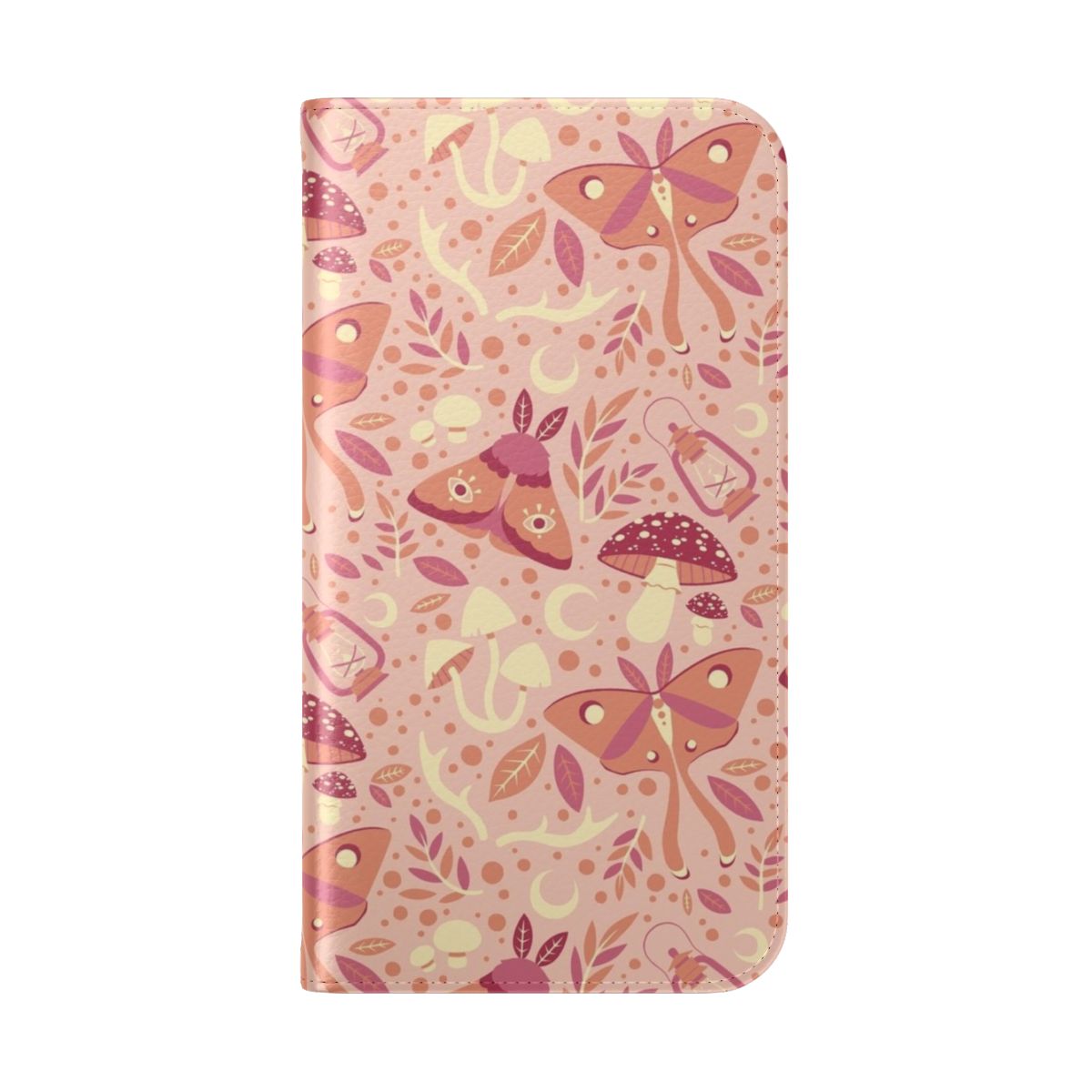 Closeup of a pink phone case with a detailed pattern of moths, mushrooms, and other forest elements. - Folded Back