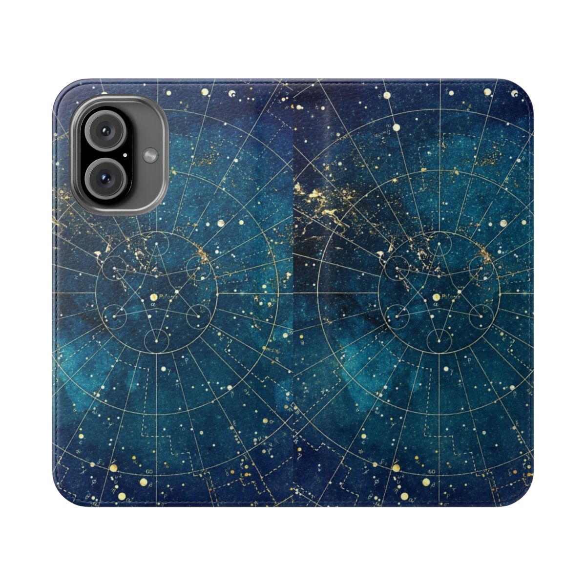 Flip cover phone case featuring a star map design with city lights on a dark background.