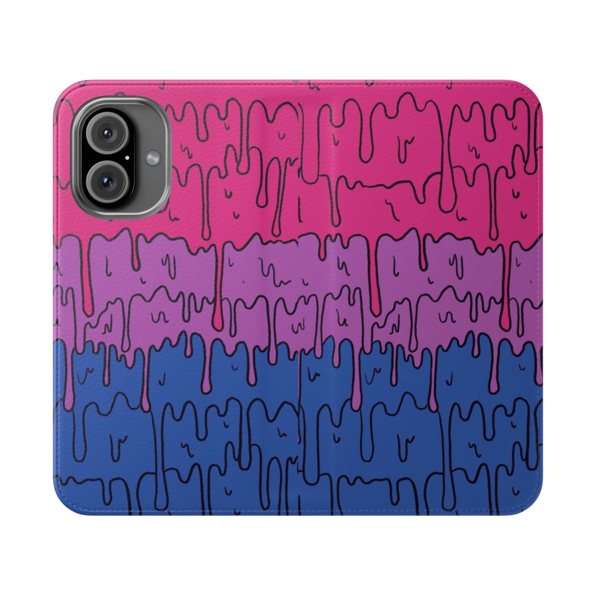 A stylish and colorful phone case featuring a melting, pastel-colored, kawaii design with bisexual pride elements.