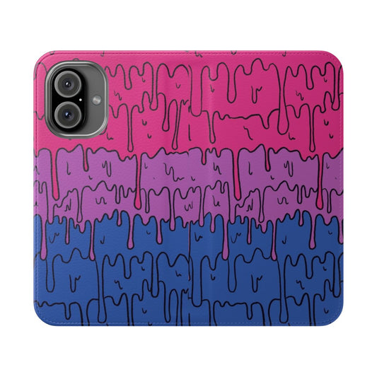 A stylish and colorful phone case featuring a melting, pastel-colored, kawaii design with bisexual pride elements.