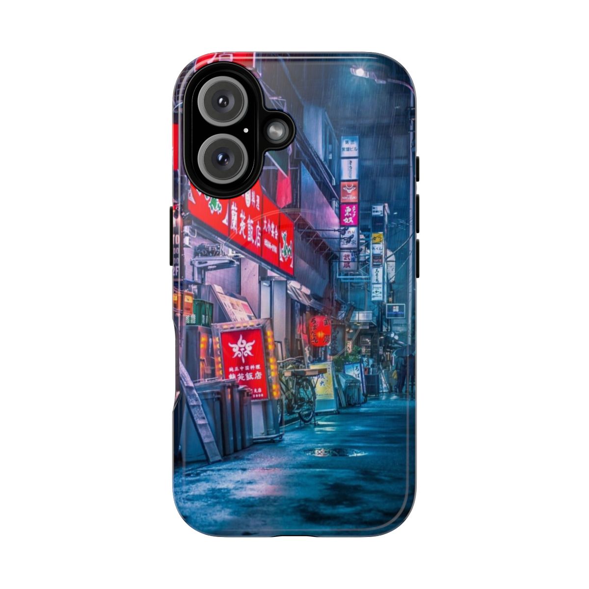 A heavy rain-inspired cyberpunk phone case featuring neon lights and a futuristic aesthetic.