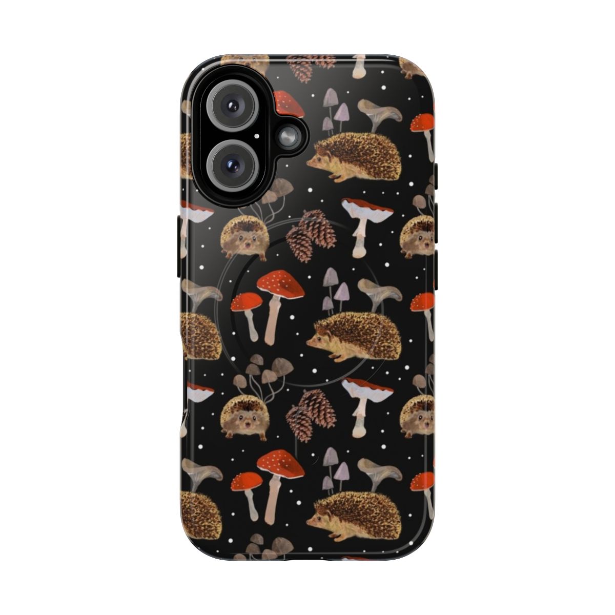 A vibrant phone case featuring a whimsical illustration of hedgehogs and mushrooms in an autumn-inspired pattern.