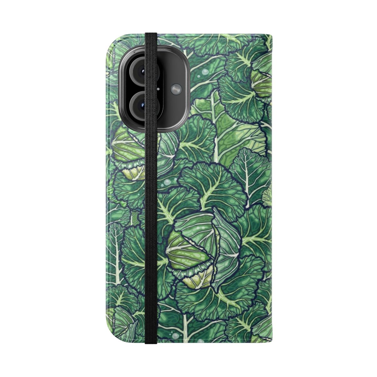 Flip cover phone case with a vibrant cabbage pattern. - Folded Front