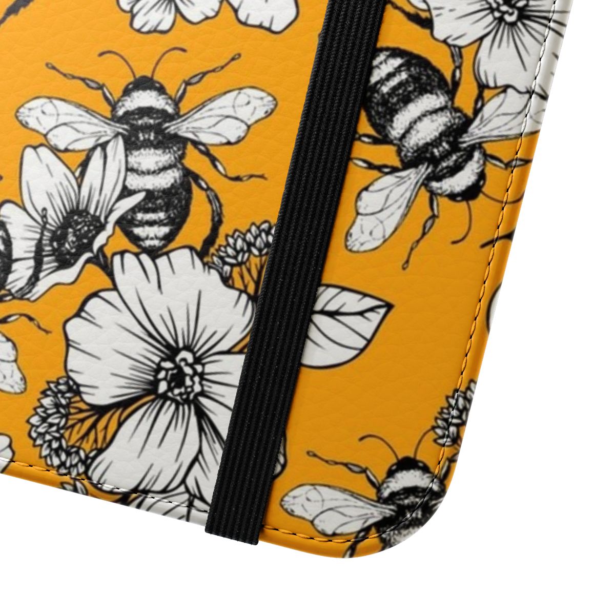 Vintage-style phone case featuring a hand-drawn seamless honey bee and floral pattern in shades of yellow and orange. - Close Up