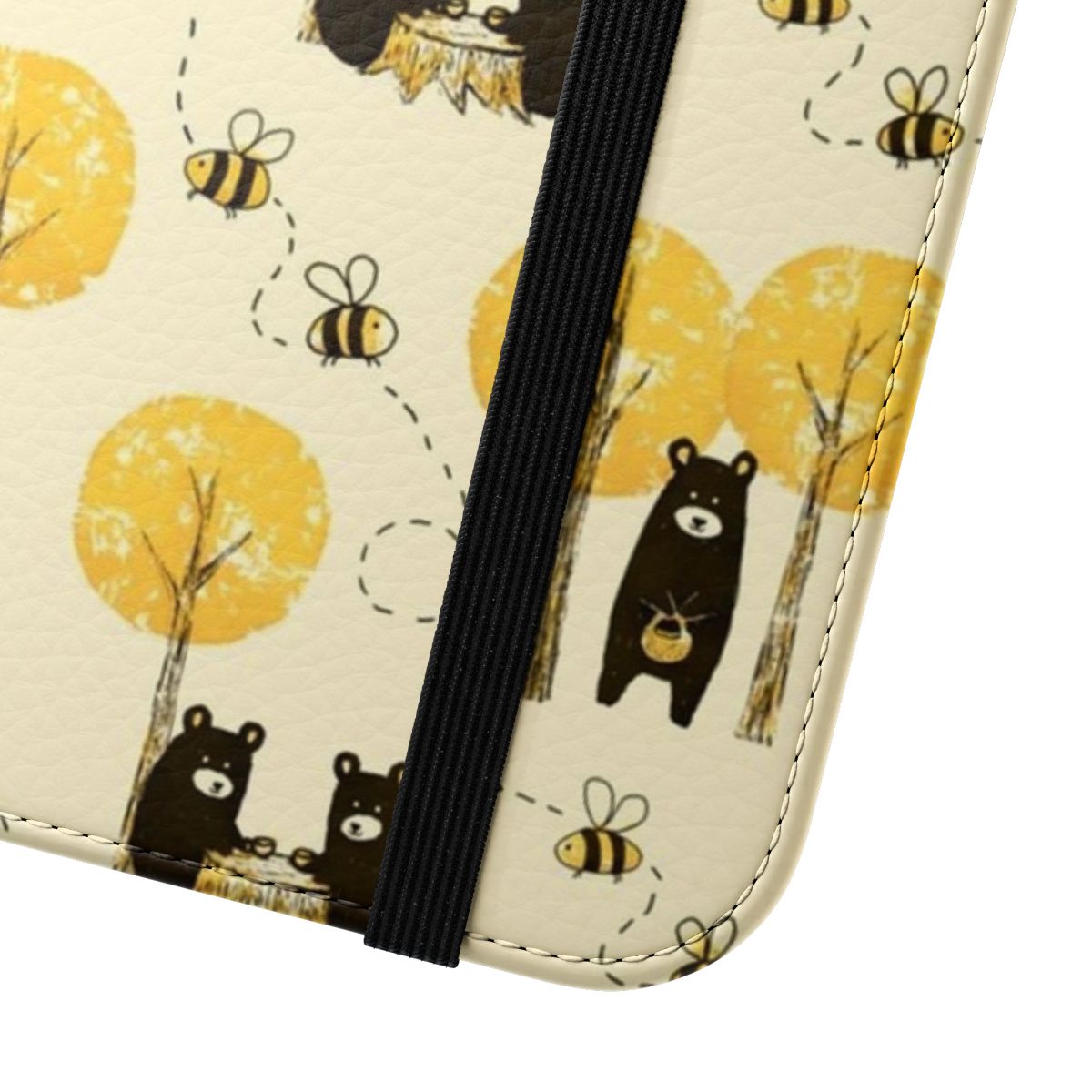 Flip cover phone case with a cute bear pattern design, surrounded by a forest scene with bees and flowers. - Close Up