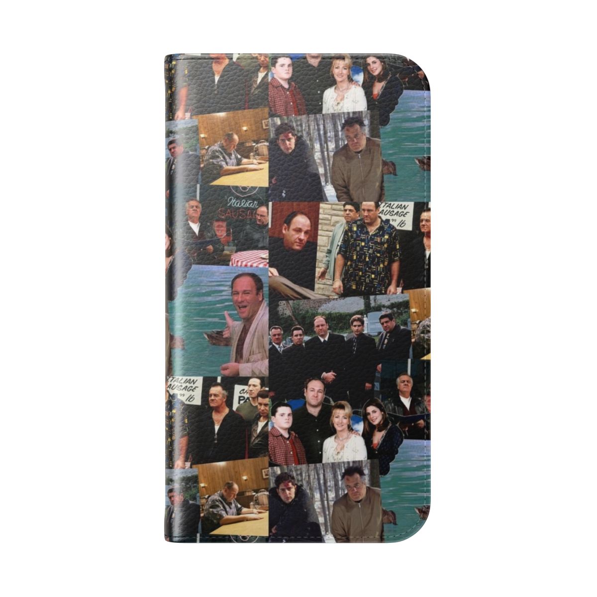 A vibrant collage-style phone case featuring iconic imagery from the beloved TV series, "The Sopranos". - Folded Back