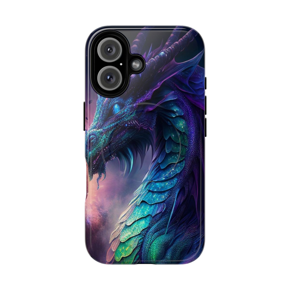 Magnetic phone case with a detailed, colorful dragon design