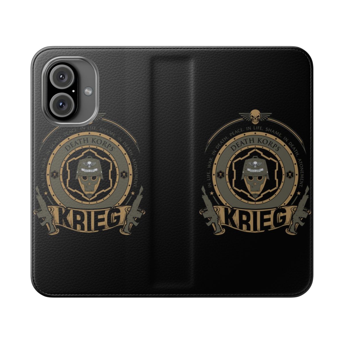 Warhammer 40K-inspired flip cover phone case with Krieg Imperial Guard crest design