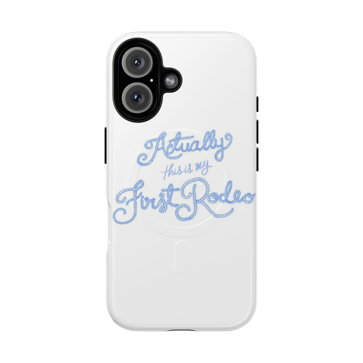 Magnetic tough phone case with a minimalist 'first rodeo' aesthetic design in baby blue, coastal, and cottage core styles.