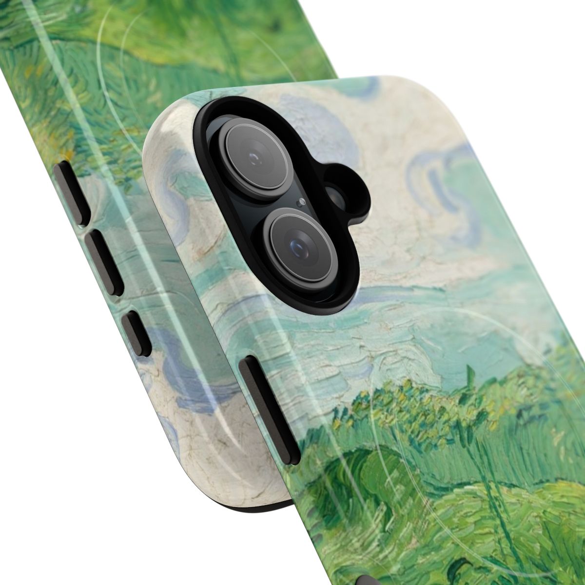 Phone case featuring the 1890 painting "Green Wheat Fields, Auvers" by the renowned Dutch impressionist artist Vincent van Gogh. - Detail