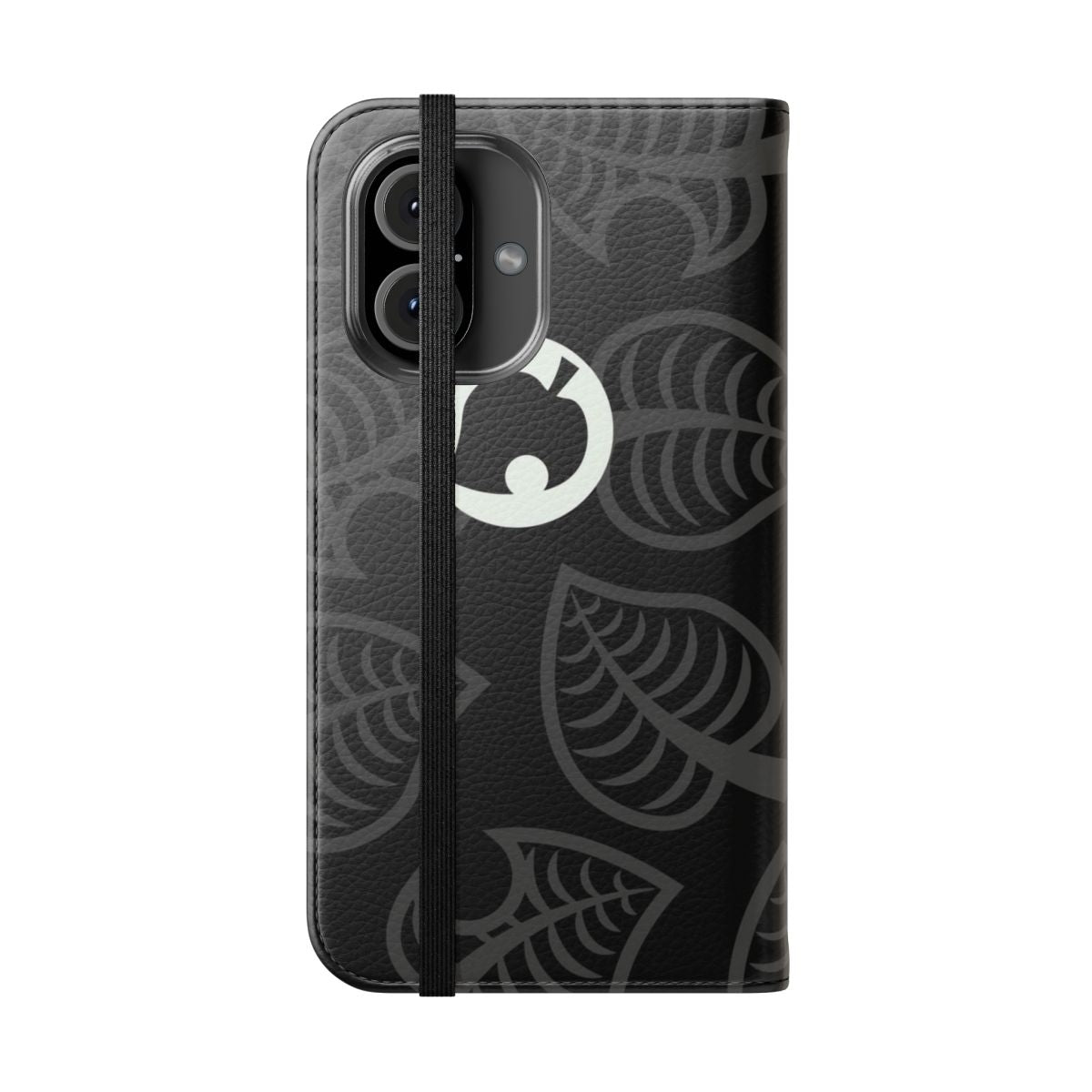 Black phone case with a design inspired by the Nook Phone from the Animal Crossing video game series - Folded Front