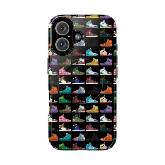 A phone case featuring a colorful sneaker pattern design