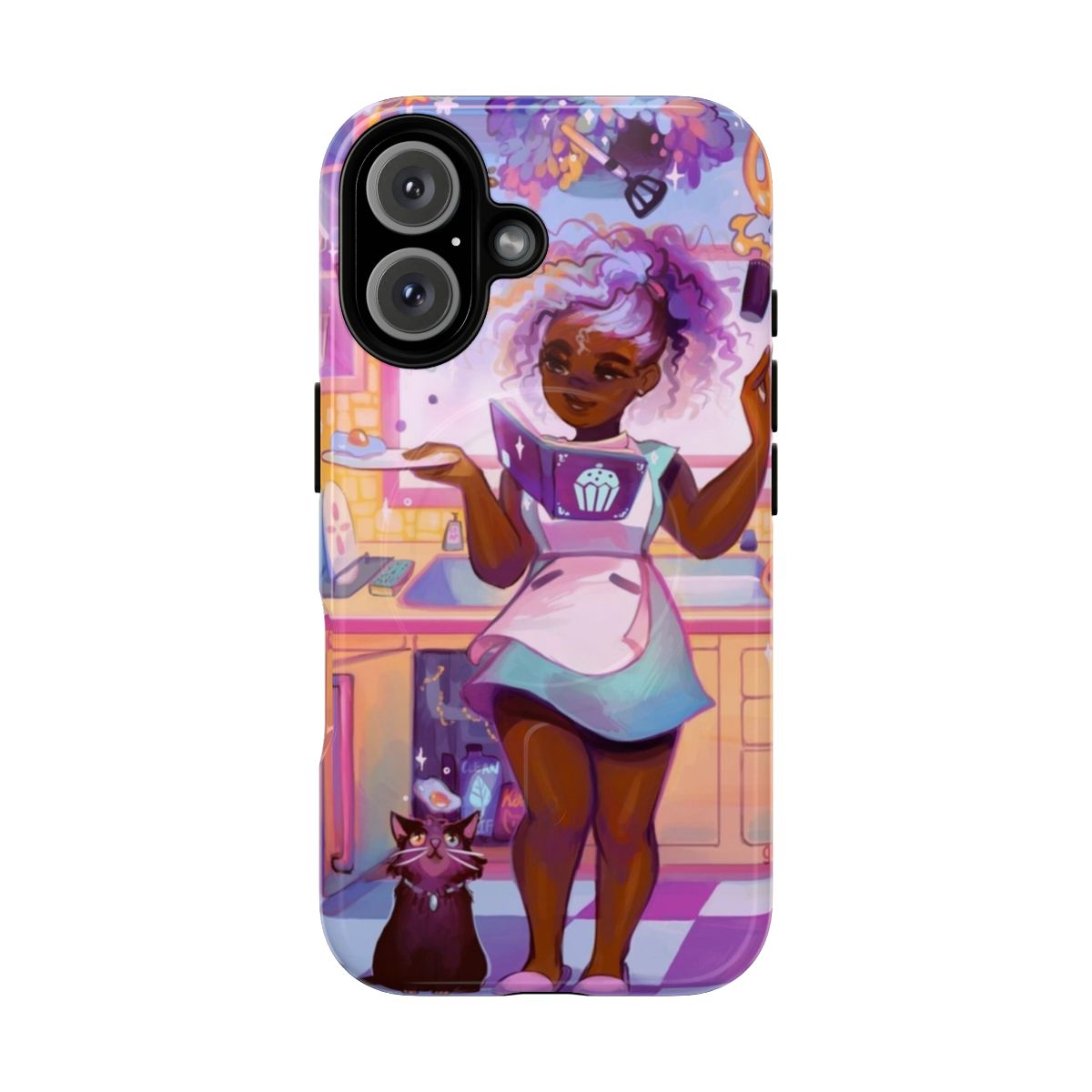 Pastel purple and black phone case with a magical girl style design