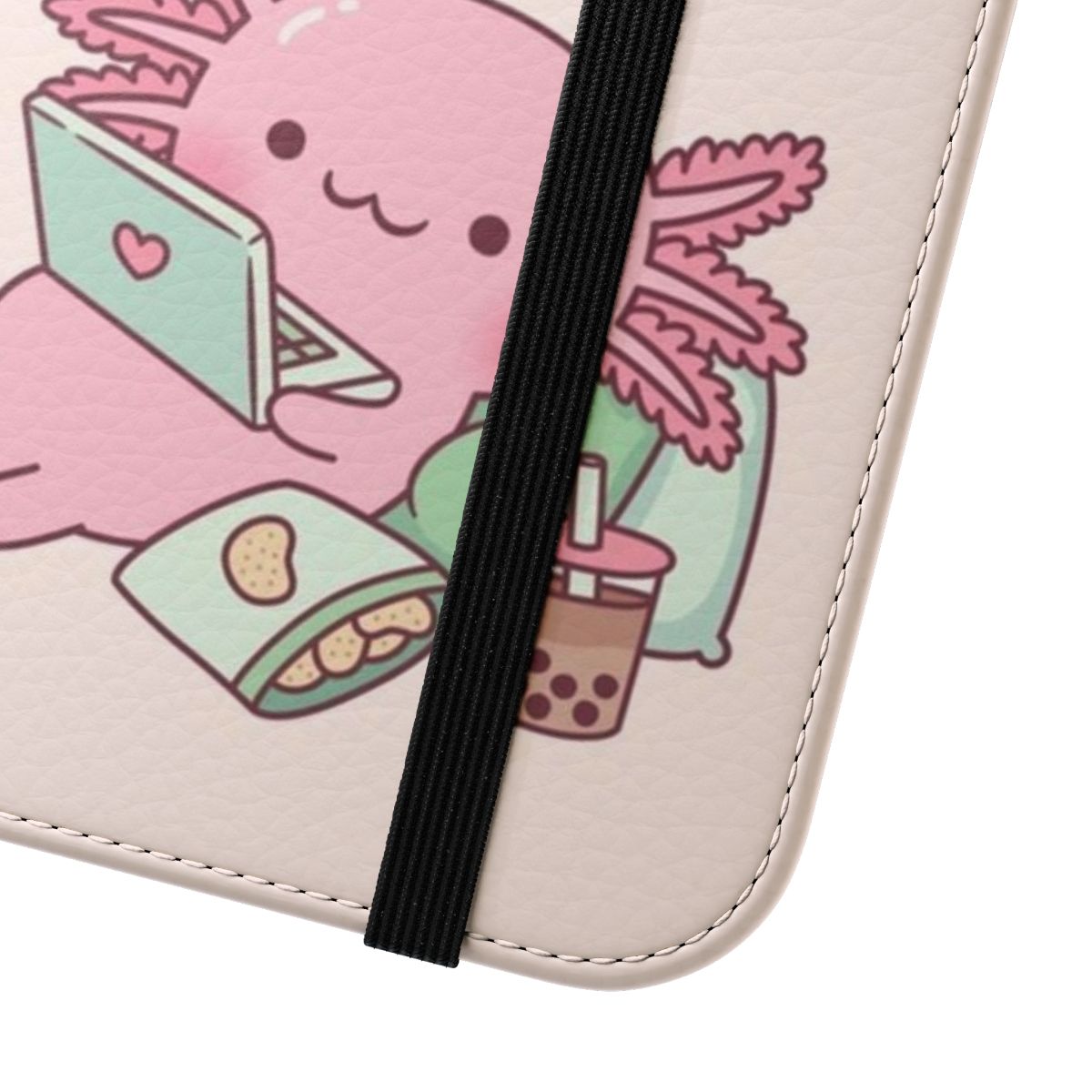 Cute and whimsical flip phone case featuring an axolotl design for a chilling and relaxing mobile experience. - Close Up