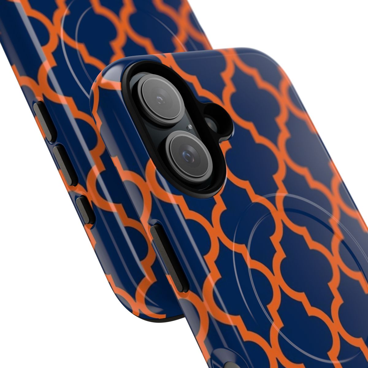 Moroccan-inspired navy blue and orange geometric pattern tough magnetic phone case - Detail