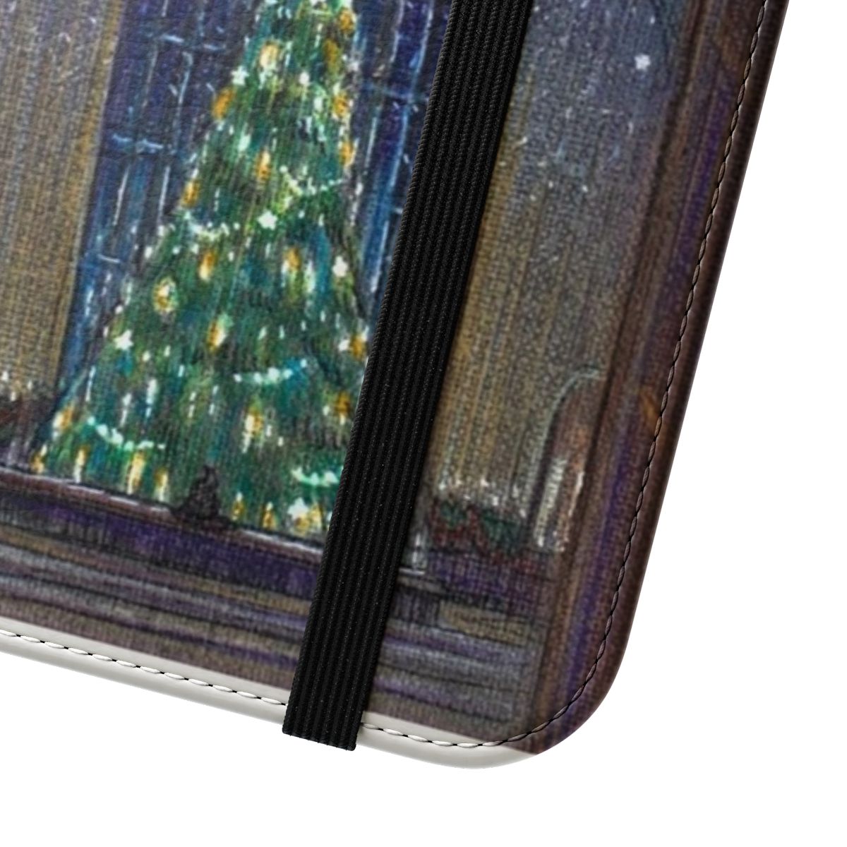 A festive phone case with a flip cover design, featuring enchanting Christmas and Harry Potter-inspired elements. - Close Up