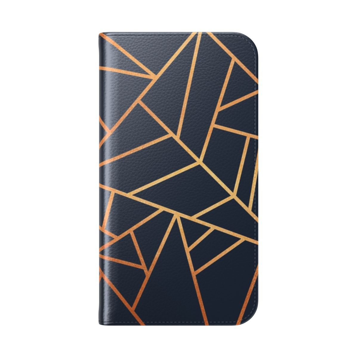 A stylish phone case featuring an abstract geometric pattern in copper and navy colors. - Folded Back