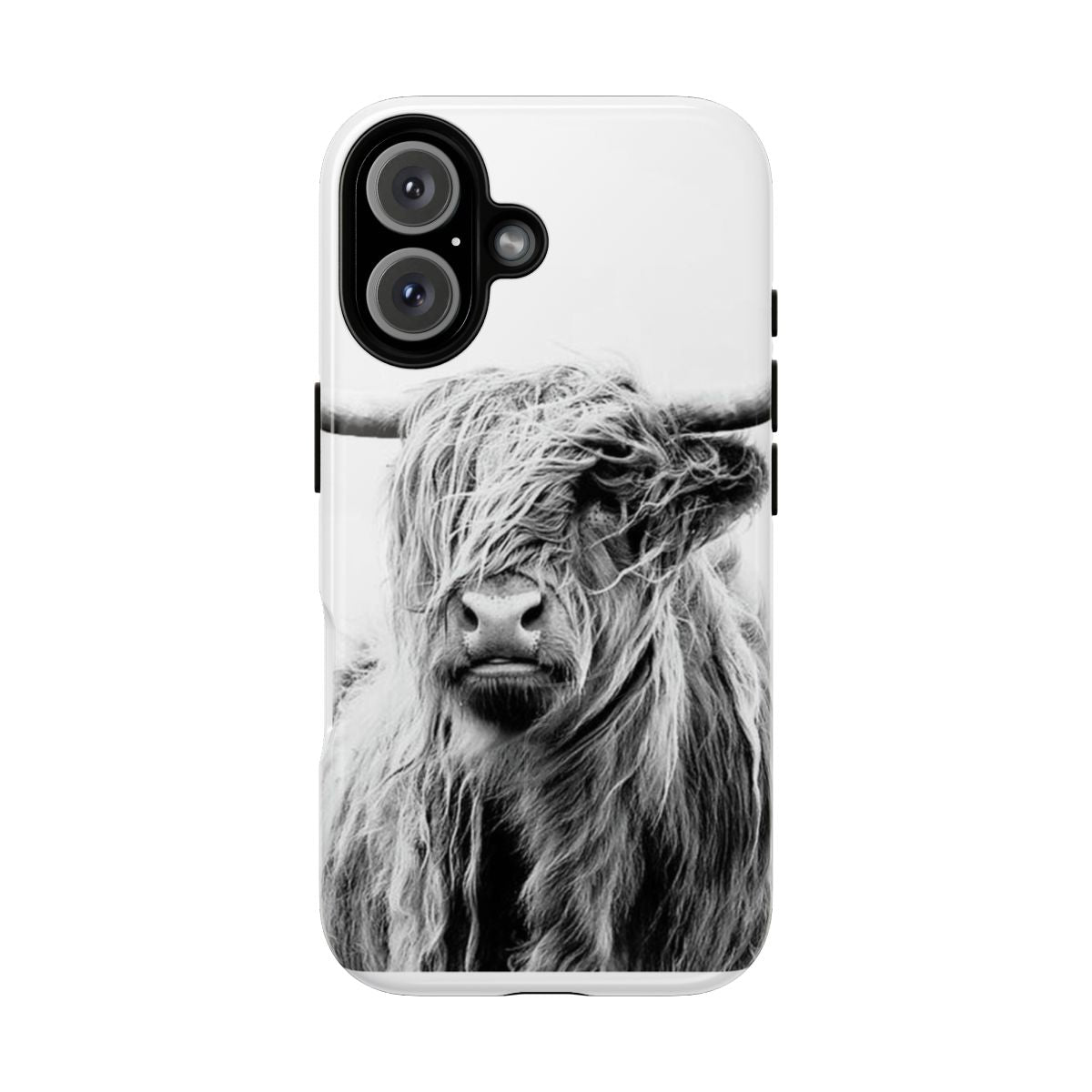 Magnetic tough phone case featuring a black and white highland cow graphic