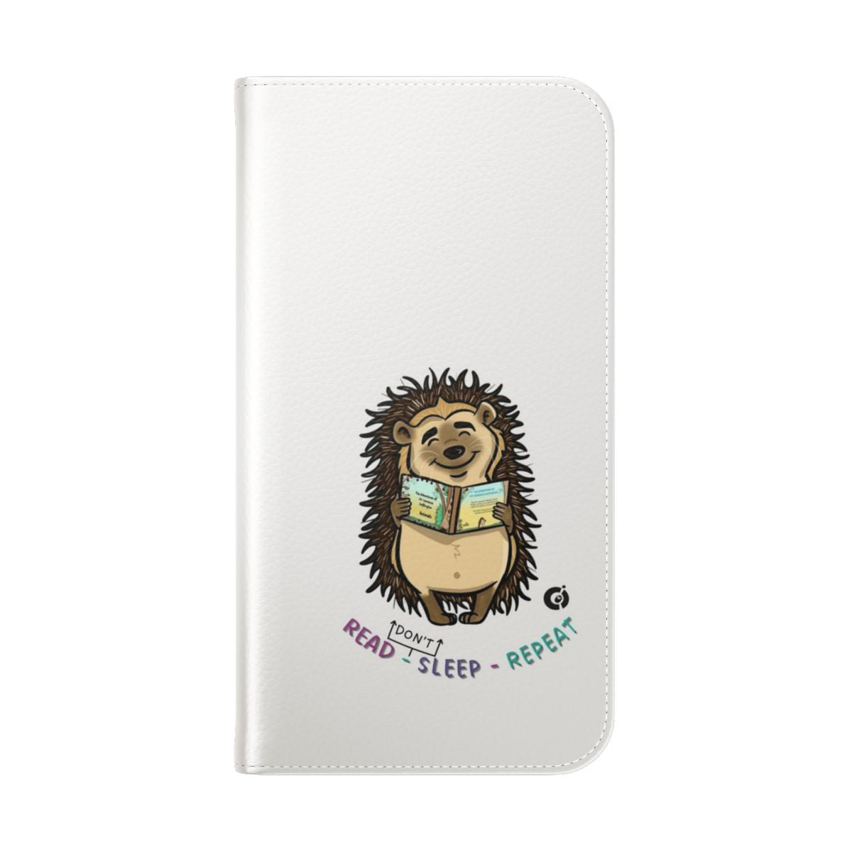 A flip cover phone case featuring a cute hedgehog character in a reading-inspired design. - Folded Back