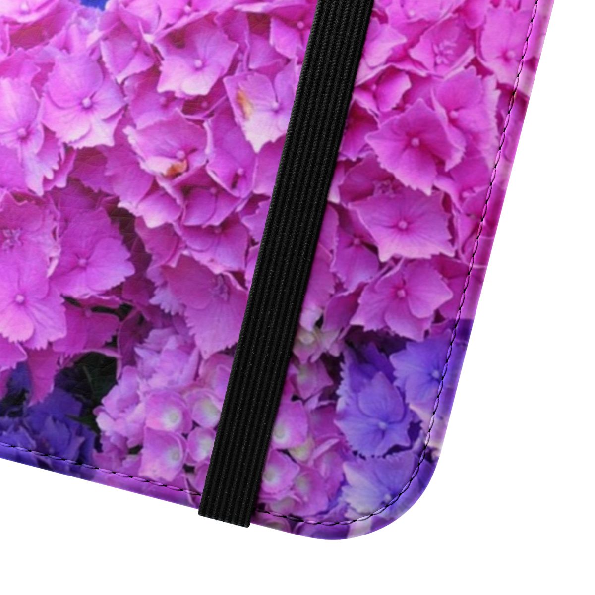 Flip cover phone case featuring a beautiful design of blooming purple and blue hydrangea flowers. - Close Up