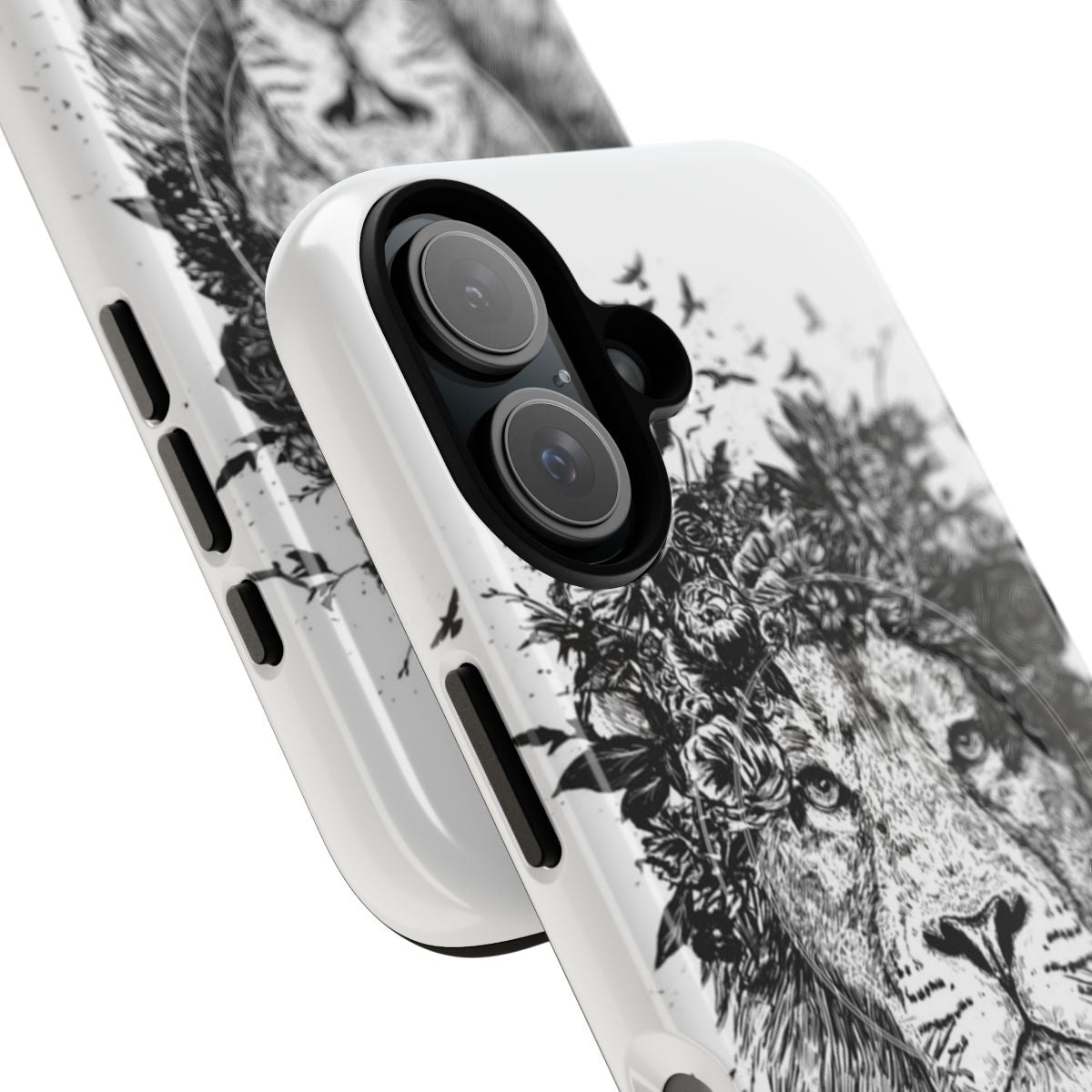 Magnetic tough phone case featuring a floral lion illustration in black and white. - Detail