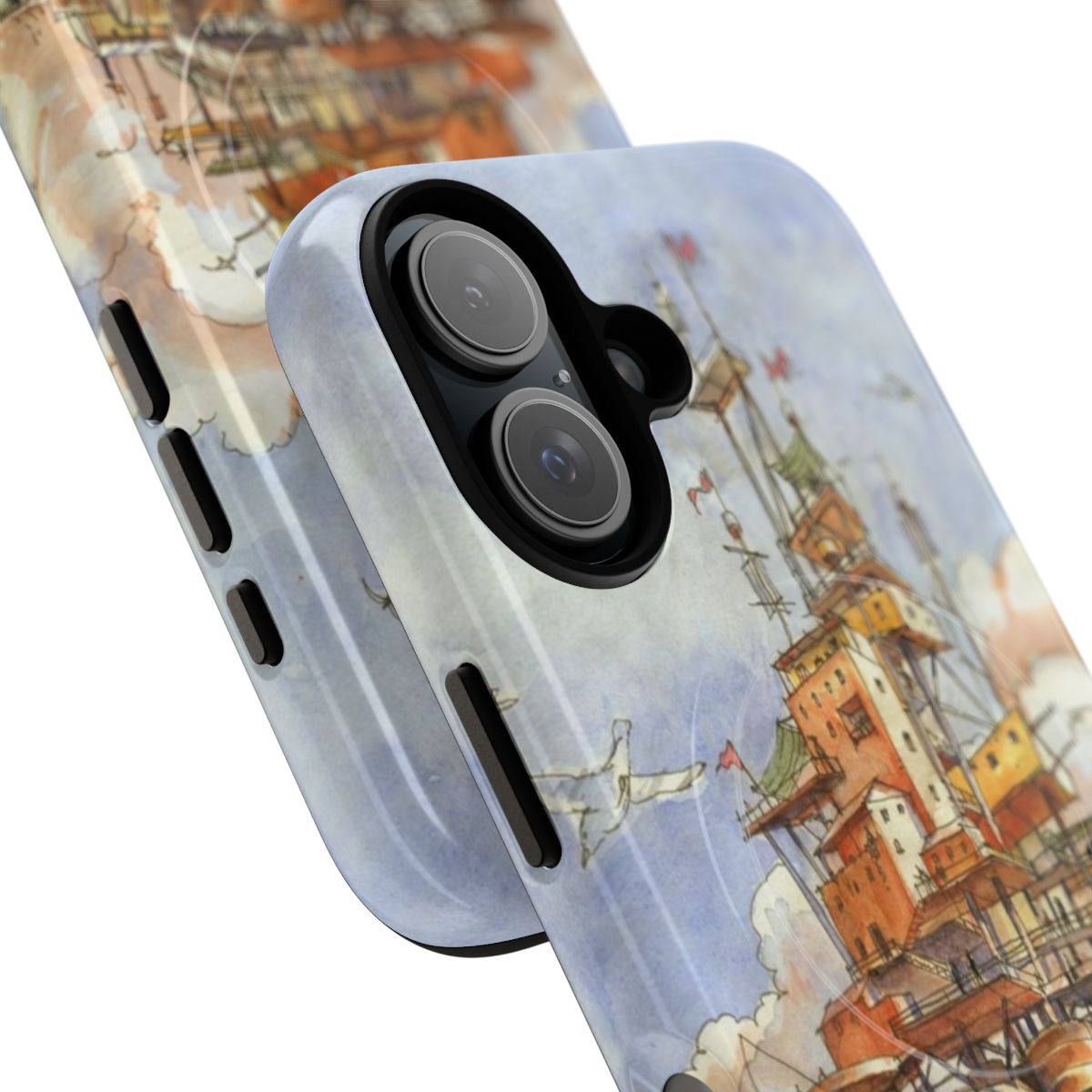 Floating city landscape phone case featuring a sci-fi inspired coastal town - Detail