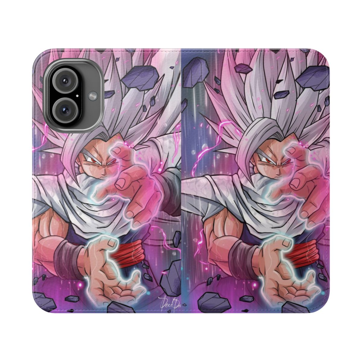 Anime-inspired flip cover phone case with a fierce design