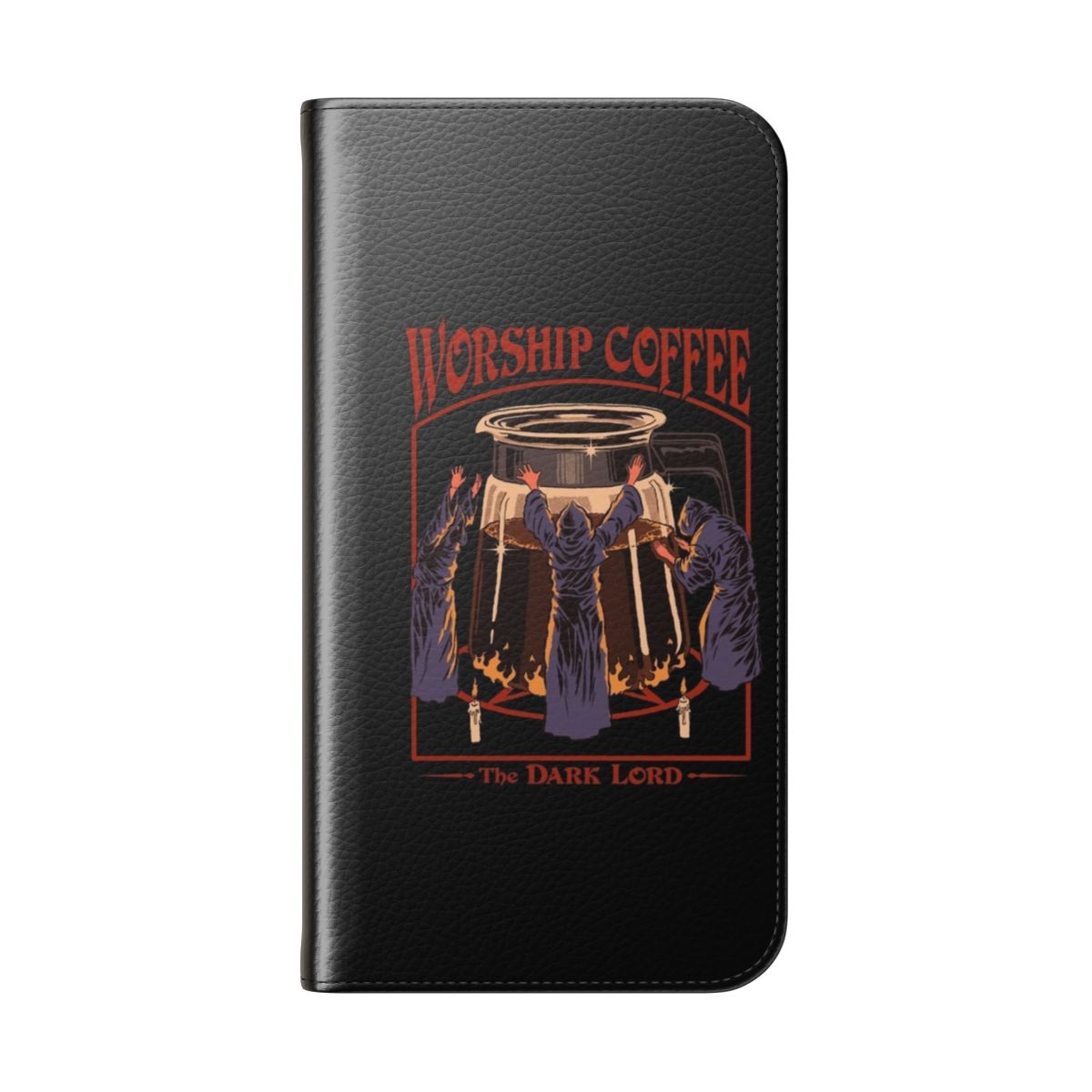 Vintage-style flip cover phone case with a coffee-themed design, featuring a retro, occult-inspired illustration. - Folded Back