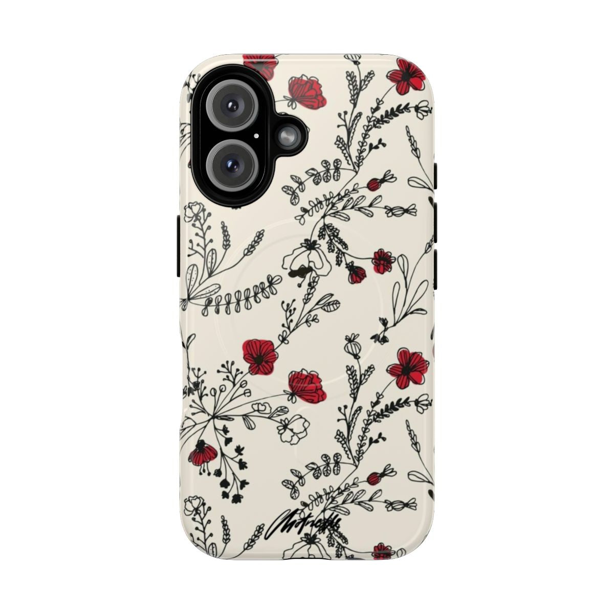 A vibrant red floral pattern phone case with a magnetic closure and tough construction.