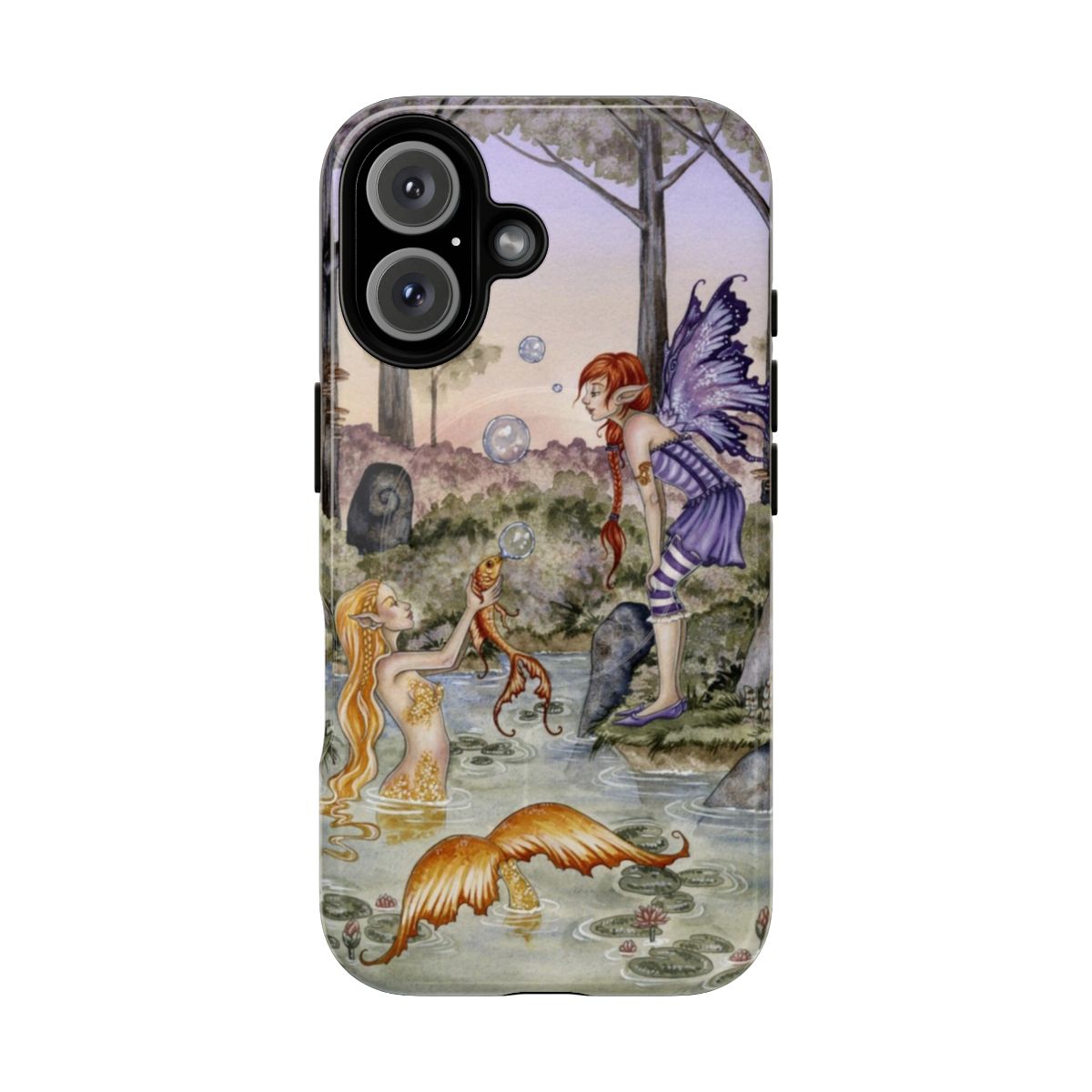 Whimsical phone case featuring a mermaid and goldfish in a dreamlike underwater scene