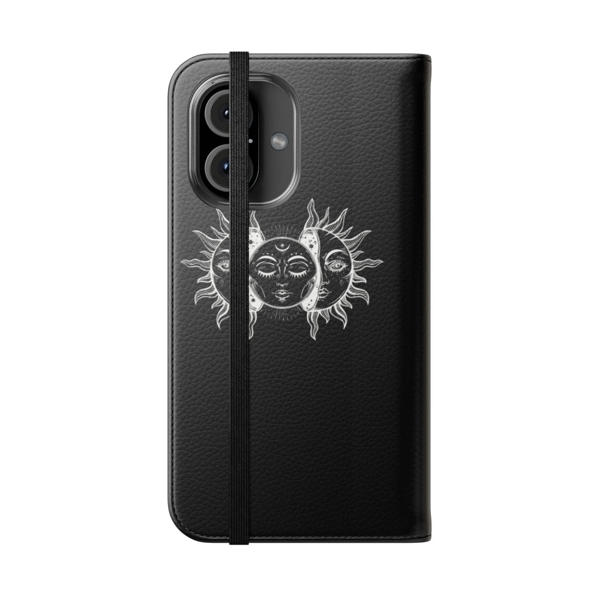 Vintage sun and moon solar eclipse design on a black and white flip phone case. - Folded Front