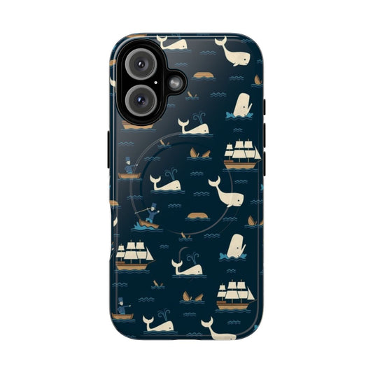 White whale-themed phone case featuring a navy and blue whale pattern