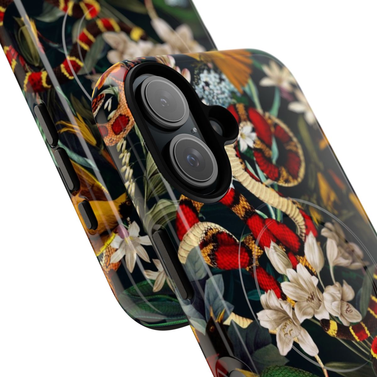 Close-up of a botanical, floral phone case featuring birds and snakes in a nature-inspired design. - Detail