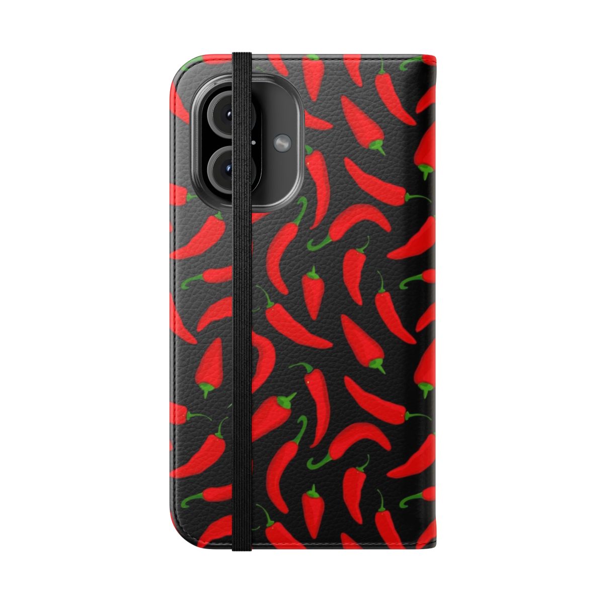 A stylish black phone case with a vibrant red chili pepper pattern design. - Folded Front