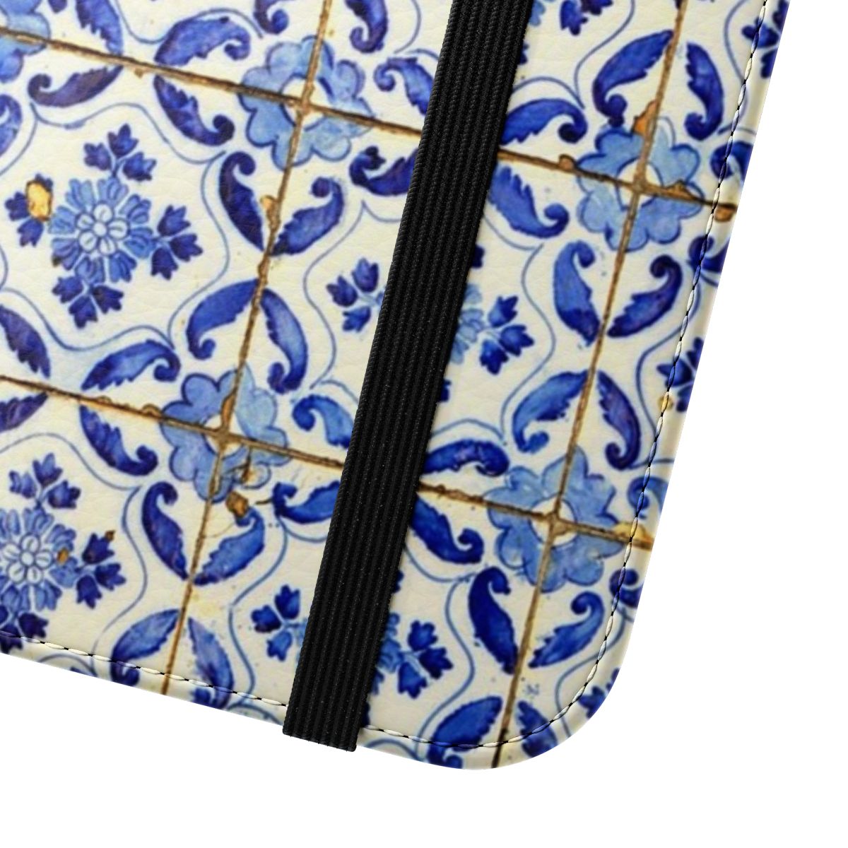 A flip cover phone case featuring a vibrant blue and white floral pattern inspired by traditional Portuguese tiles. - Close Up